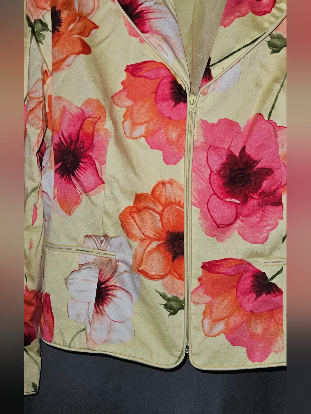 Chadwicks Floral Zip-Front Womens Jacket in Yellow with Pink & Orange Blooms - Picture 5 of 5